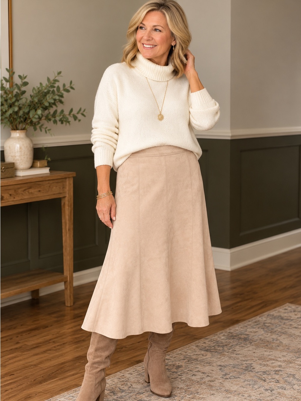 Ann Taylor Light Tan Midi A-Line Skirt